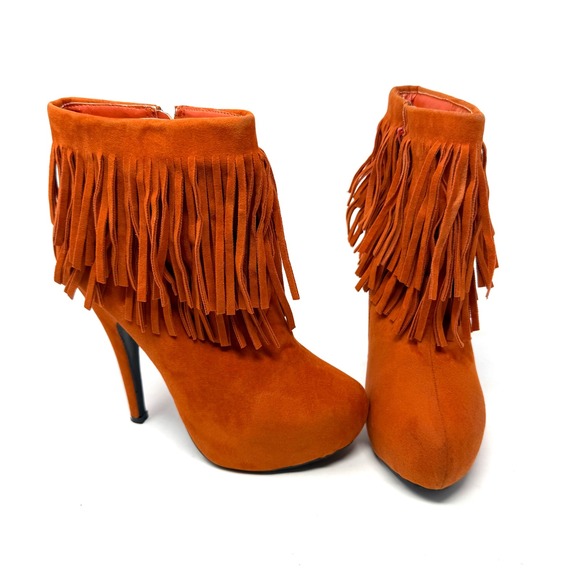 Delicacy Shoes - Delicacy Orange Faux Suede Fringe Stiletto Heel Ankle Boots Women's‎ Size 7